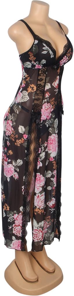 Zeloria Sexy Mesh Nachtjurk met Bloemenprint en Split – Transparante Lingerie Jurk met Kant en Slip – Verleidelijke Nightgown Dames – L — thumbnail 21