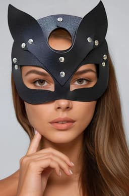 Cat Masker Zwart Leer - Kattenmasker met Oren en Studs - Fetish Oogmasker Dames - Rollenspel Masker Cosplay - One Size - Feestmasker Carnaval - La Nuita — thumbnail 2