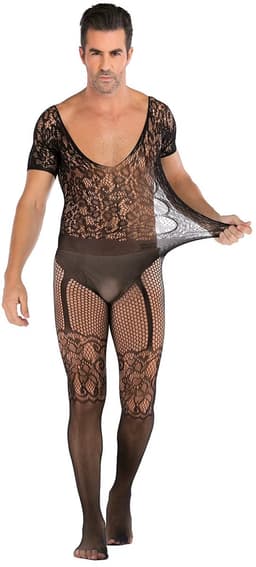 LekkerStout Heren Bodystocking - Zwart - Kant & Korte Mouwen - Open Rug - One Size M-XL | LS141 — thumbnail 2