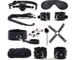 BDSM 10-Delige Bondage Set Met Zweep En Handboeien - Sex toys - Bdsm Set - Bondage Set - Zwart