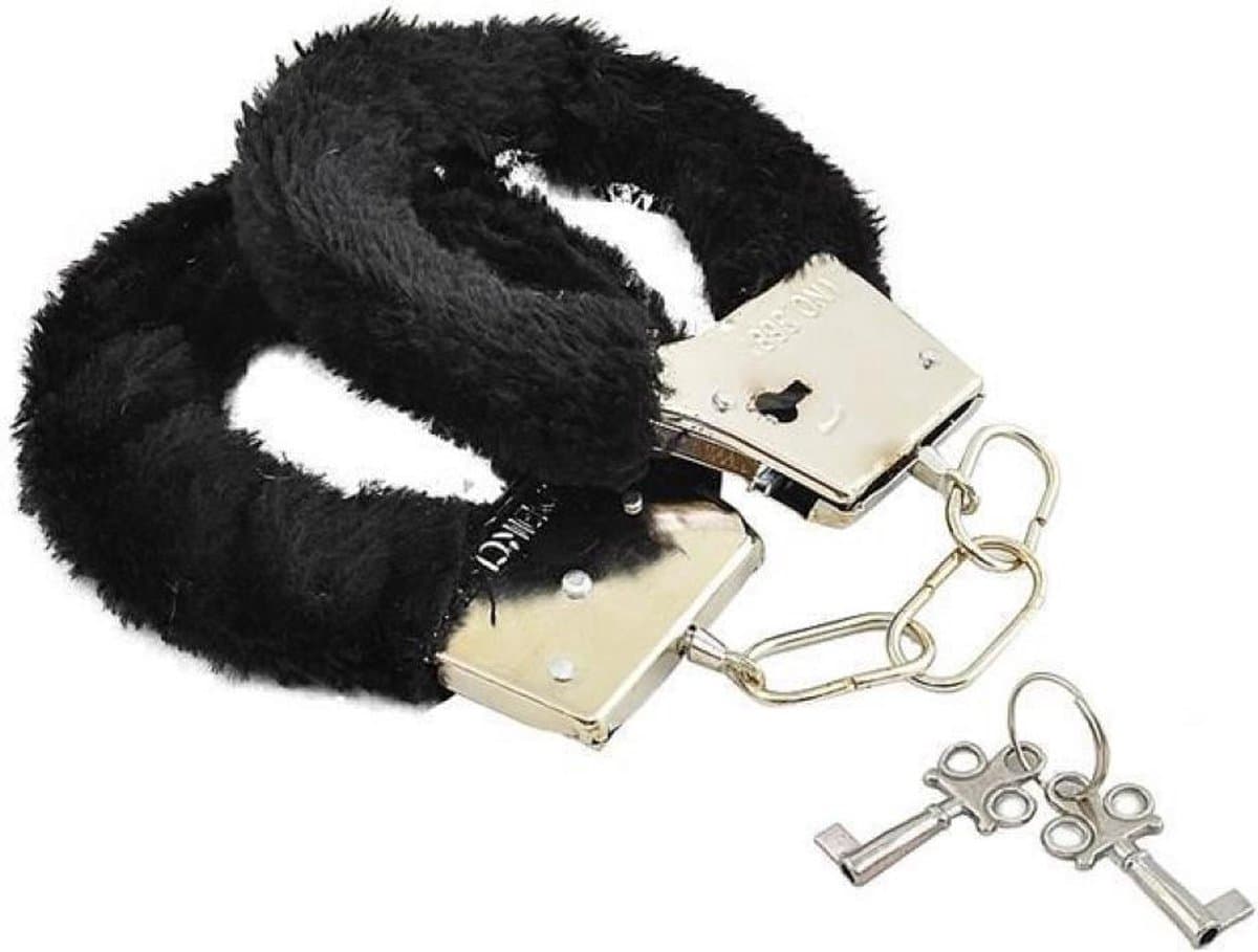 Metalen handboeien met zwart imitatie bont (incl. 2 sleutels) — afbeelding 1