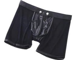 LekkerStout PU Boxershort Met lange Pijpen - Open Kruis - Zwart - Sexy Herenondergoed | M | ( LS067 )
