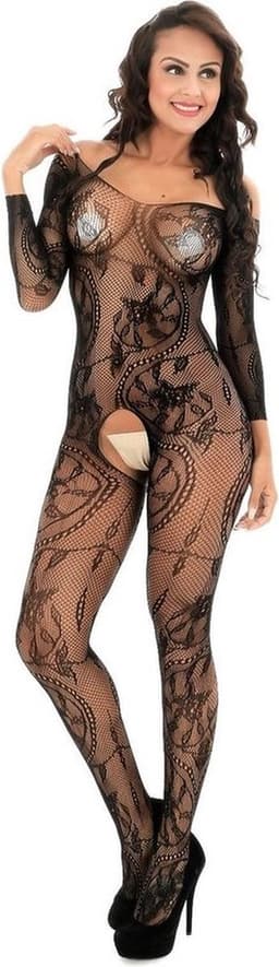 Luxe Erotische Bodysuit I Lingerie Set I Sexy Erotisch Ondergoed I Bloem Patroon I Open Kruis & Open Billen I One Size EU S/M I Zwart — thumbnail 3