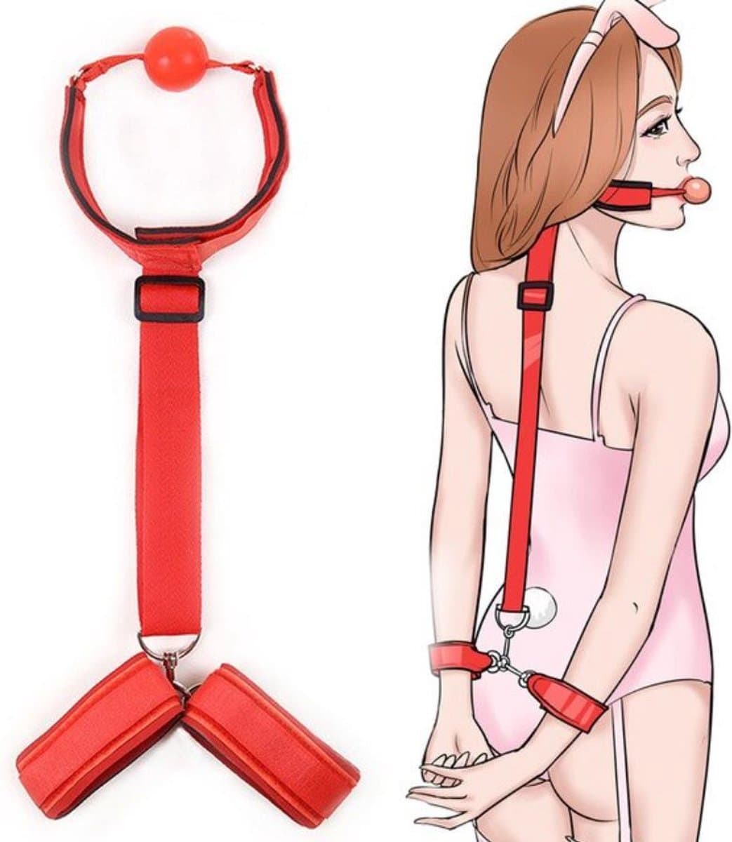 BDSM Gag Bondage Set - SM Seksspeeltjes - Gagball met Handboeien - Erotiek Toys - Rood — afbeelding 1