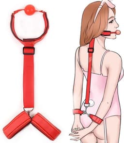 BDSM Gag Bondage Set - SM Seksspeeltjes - Gagball met Handboeien - Erotiek Toys - Rood — thumbnail 1