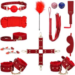 DOWO® - BDSM Extreme Bondage Set - 16 Delig - Erotische Dobbelsteen - SM Handboeien - Zweep / Veer / Zweepje - Sex Toys voor Koppels - Seksspeeltjes voor Mannen en Vrouwen - Sex Pakket en Toys - Rood — thumbnail 1