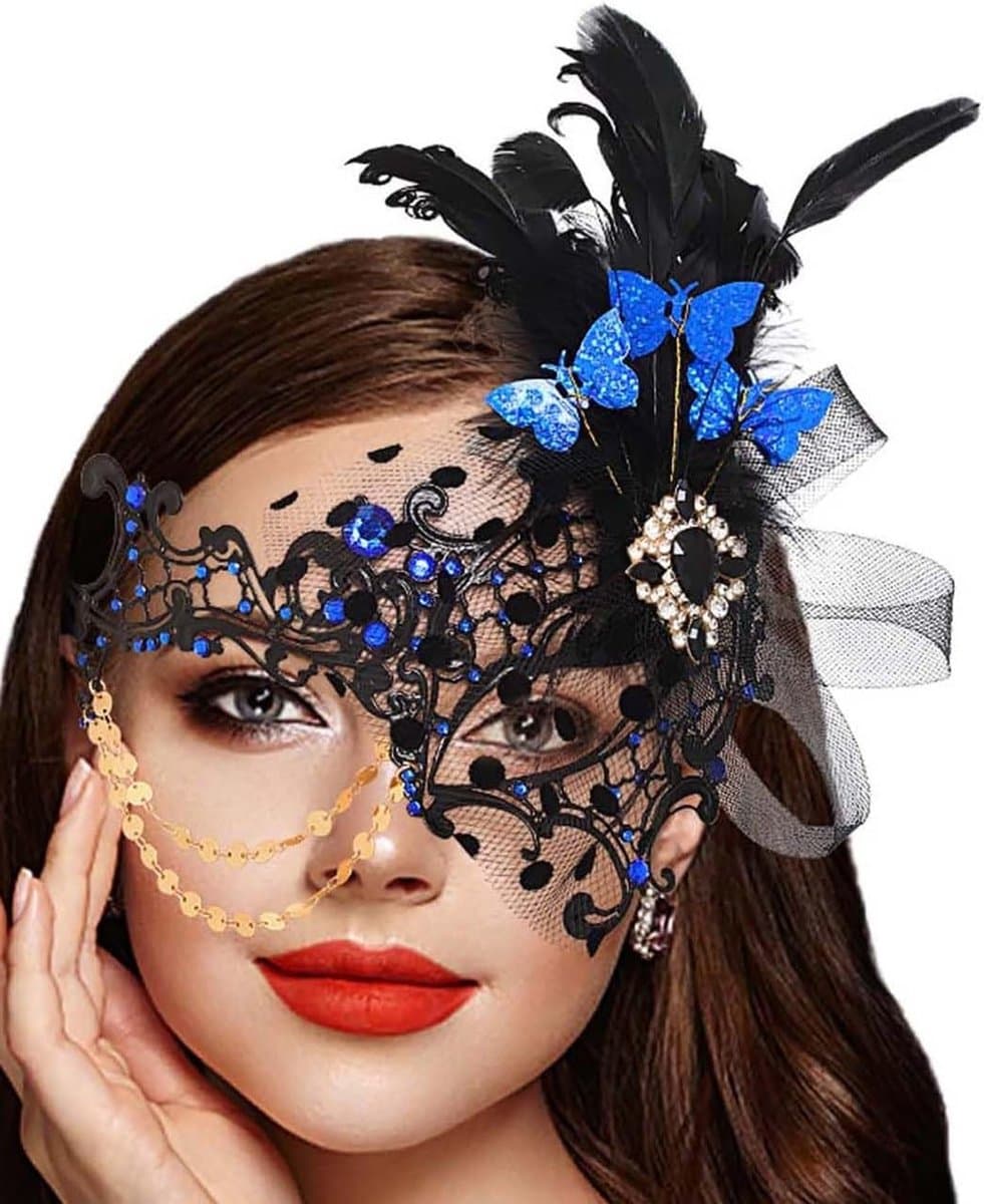 Vrouwen Venetiaans Feestmasker met Veren in Blauw voor Carnaval en Gala - Elegante Kostuumaccessoires voor Prom en Maskerade — afbeelding 1