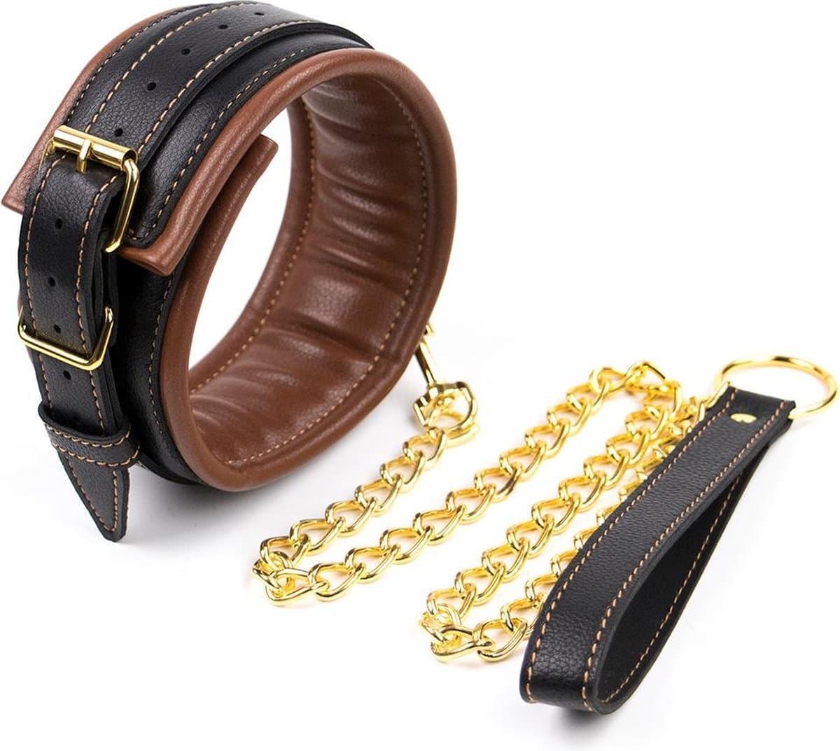 Banoch - Collar & leash Gold - Halsband en Riem - cognac bruin met goud - bondage — afbeelding 1