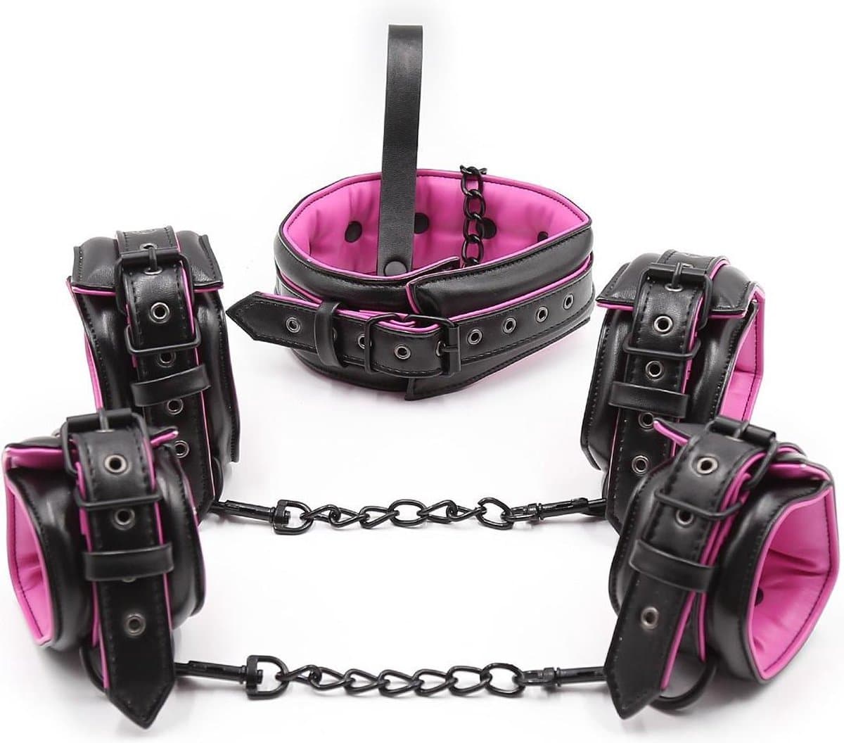 Banoch | Bondageset Hot Pink - halsband,riem, handboeien en enkelbanden pu Leer- zwart - roze — afbeelding 1