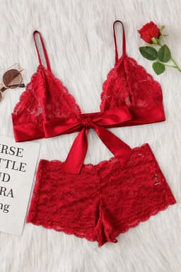 La Nuita Rode Kanten Bh Set Dames - Bralette met Grote Satijnen Strik en Korte Slip - Tweedelige Lingerie Set (S t/m XL) — thumbnail 1