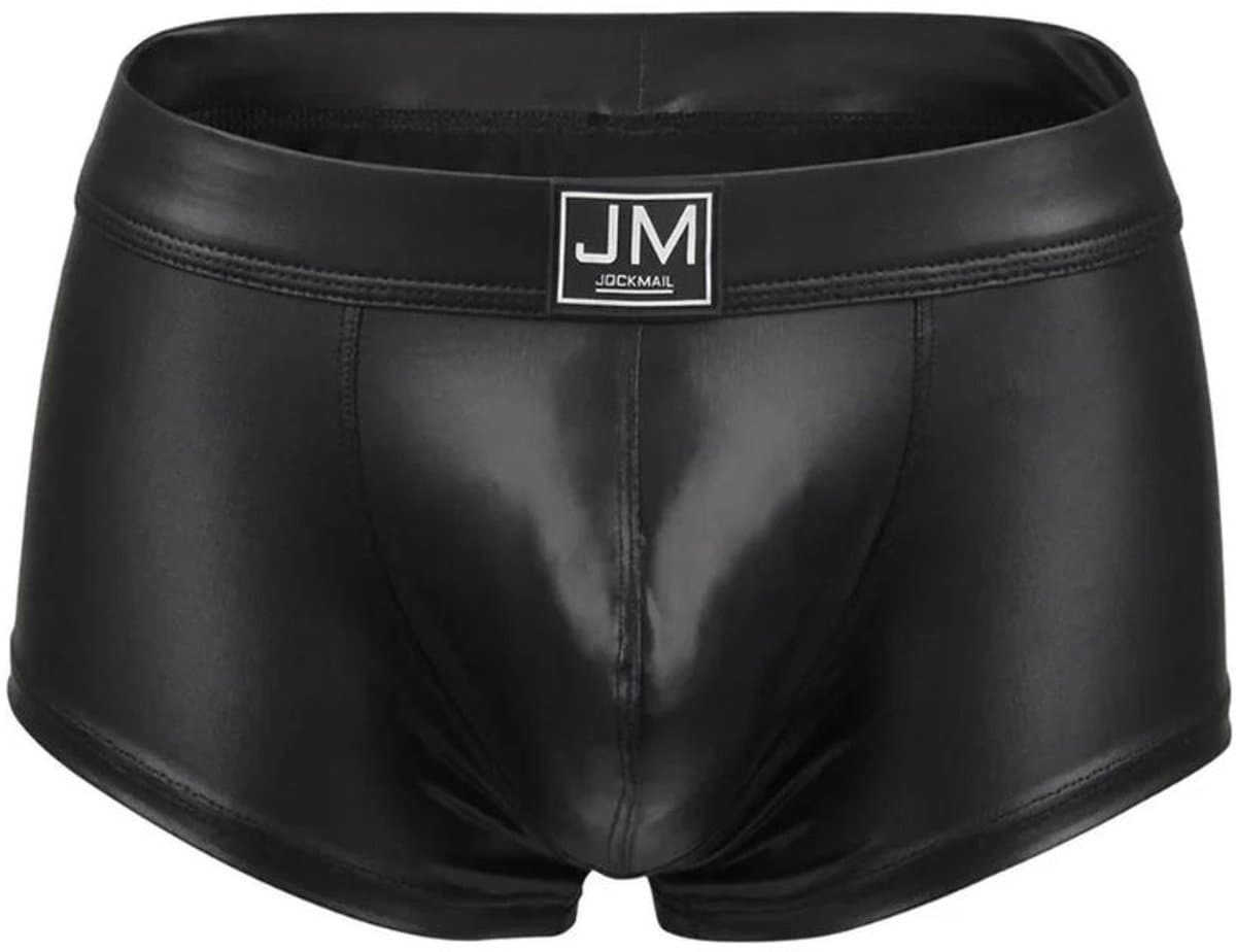 JOCKMAIL (JM) Lederlook Heren Boxershort – Sexy Zwarte Wetlook Trunks – Verleidelijke Faux Leather Heren Ondergoed - Maat S/M — afbeelding 1