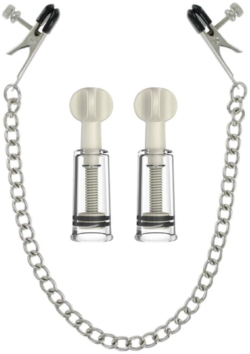 Tepel Stimulatie Set - 2 Tepelzuigers & 2 Verstelbare Tepelklemmen met Ketting - BDSM Sex Toys voor Vrouwen — afbeelding 1