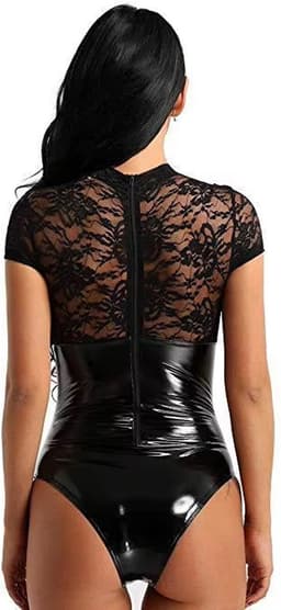 Sexy Latex Mesh Bodysuit - Transparante Kant en Glanzend Wetlook - Verleidelijke Lingerie — thumbnail 2