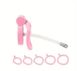 Mini peniskooi - Mini chastity - Roze - kuisheidskooi - sub - kinky - kathether - 5 maat ringen - sleutels - bdsm — thumbnail 2