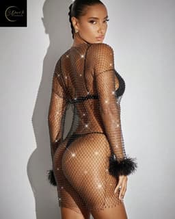 Sexy Visnet Jurk – Erotische Lingerie Vrouwen – Netjurk – Cover up – Lichaamssierraad – Body Ketting – Chique & Sexy – Sexy LIngerie – Erotische Jurk met Strasssteentjes & Veren – Party Dress – Classy Clubwear – Trendy – Dare to Undress – One Size — thumbnail 4