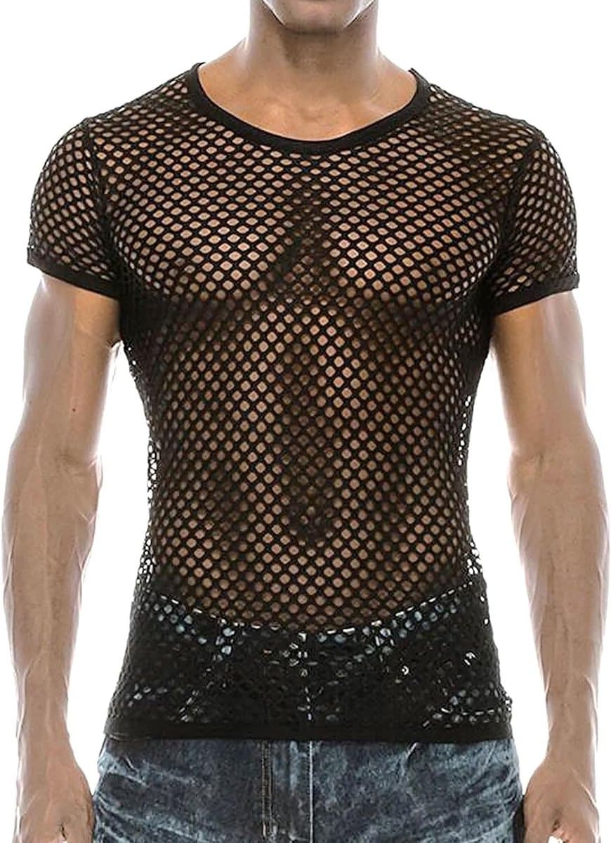 Korte Mouw Mesh T-Shirt voor Mannen | Fitted Muscle Top voor Zomer, Club en Workout | Sexy en Transparant Crop Top met Ronde Hals — afbeelding 1