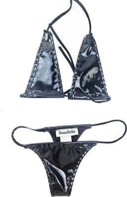 BamBella ® - Bikini string Datex Zwart (Mix Latex en stof) - Onesize - Super sexy dames ondergoed lingerie kleding zwart erotische zwem kleding — thumbnail 1