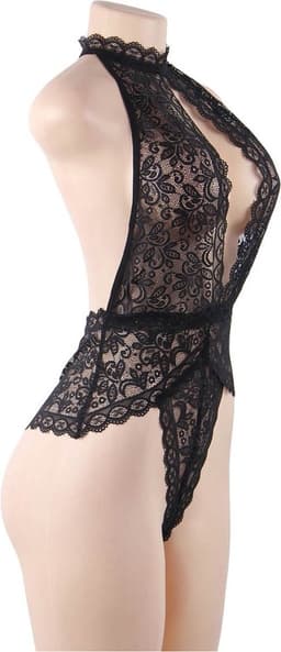 Sexy Lingerie - Erotische Zwarte Glamour Halter Body van Kant met open rug - Sexy Teddy - Kanten Body - Open Cups - Erotiek - Valentijnsdag - Kleur Zwart - Plus Size - Maat M-L — thumbnail 5
