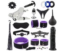 Oneay BDSM Extreme Bondage Set - 17 Delig -SM Handboeien - Dildo - Zweep / Anale plug / Tepelklemmen - Sex Toys voor Koppels - Seksspeeltjes voor mannen en vrouwen - Sex Pakket en Toys - Paars
