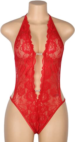 Sexy Lingerie - Erotische Rode Glamour Body Kant met Decolleté - Stras steentjes - Open Kruis - Sexy Teddy - Erotiek - Valentijnsdag - Kleur Rood - Maat XL — thumbnail 8