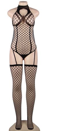Sexy Lingerie - Erotische Fishnet Jumpsuit - Visnet Catsuit met blote rug - Transparant - Jarretel met Netkousen - Bodysuit - Bodystocking - Fishnet - PLUS SIZE - Sexy Teddy - Erotiek - kleur Zwart - Maat XS-M — thumbnail 4