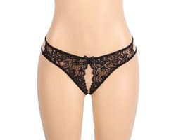 Zwarte Kanten String met Open Kruis – Black Lace Thong with Open Crotch - Sexy Erotische Dames Lingerie – Maat XXL