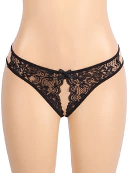 Zwarte Kanten String met Open Kruis – Black Lace Thong with Open Crotch - Sexy Erotische Dames Lingerie – Maat XXL — thumbnail 1