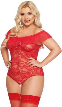 Softline - Kamila - Dames Lingerie Plus Size - Kanten Jurkje - Super Strakke Doorschijnende Chemise - Sexy Kanten Lingerie Set met Bloemen - Grote Maat - Uitdagende Bodystocking - Erotisch Setje - Rood - XL — thumbnail 1