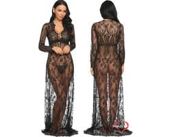 Verleidelijke transparante zwart kanten maxi jurk met lange mouwen – Sexy lingerie jurk nachtkleding - Cover-up jurk - Strandjurk - Sexy kleding - Transparent white lace maxi dress with long sleeves