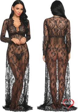 Verleidelijke transparante zwart kanten maxi jurk met lange mouwen – Sexy lingerie jurk nachtkleding - Cover-up jurk - Strandjurk - Sexy kleding - Transparent white lace maxi dress with long sleeves — thumbnail 1
