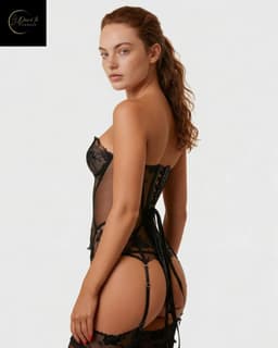 Luxe Lingerieset Dames – Sexy Lingerie – Erotische Lingerie Set – Corset Lingerie met Jarretels en Kousen – Transparante Kant – Strapless & Transparante Bandjes – 4-delige Set – Zwart Kant – Chique Boudoir Lingerie – Dare to Undress – XS, S, M — thumbnail 9