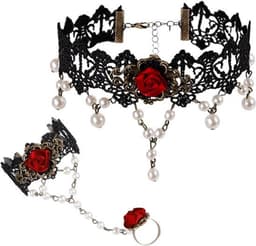 Gothic Choker Kant Halsketting met Roos Armband en Ring Set - Victoriaanse Halsketting — thumbnail 1