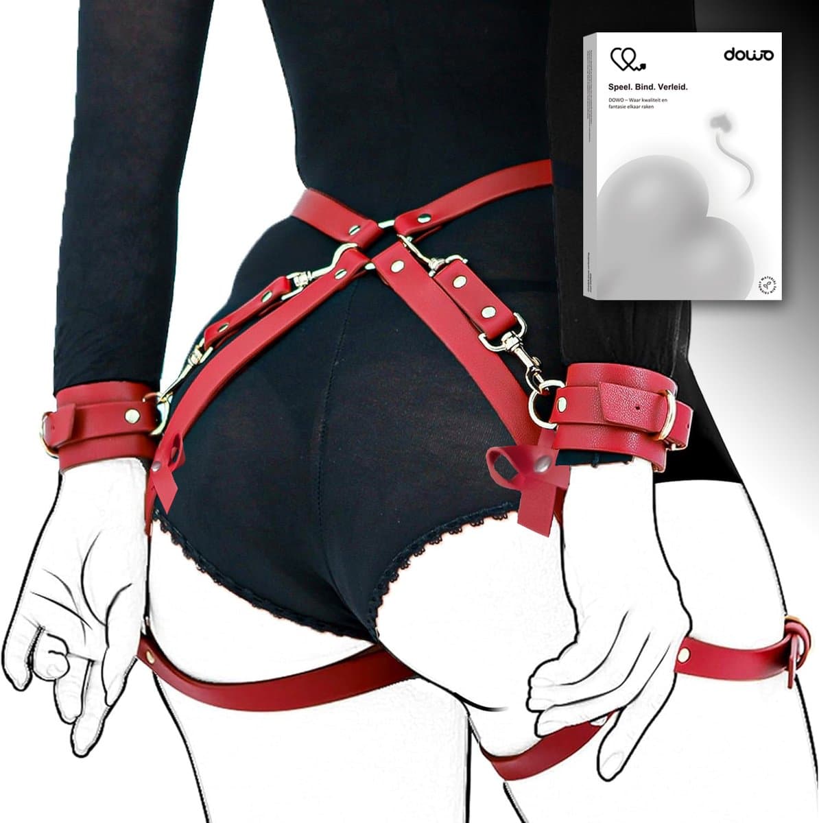 DOWO® - Body Bondage - met Strikknoop - Handboeien - Kleding Accessoires - Sexy Lingerie - Erotiek Riem - SM BDSM - Leer- Harnas Vrouwen - Sextoys voor vrouwen - Rood — afbeelding 1