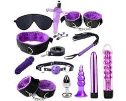 13-delige Bondage Set – Boeien & Erotische Accessoires van Leer – Ideaal voor Koppels – Beginnersvriendelijk SM Speelgoed – Inclusief Handboeien, Mondknevel, Blinddoek & Anale Plug – Violet
