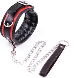 Banoch - Collar & leash Silver - Halsband en Riem - Zwart / Rood met zilver — thumbnail 1