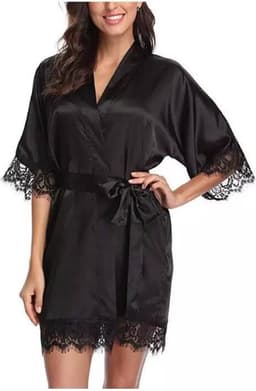 LOUZIR Sexy dames kimono - Zwart - Kant - Avondjas - Maat S/M - Satijnen badjas — thumbnail 3