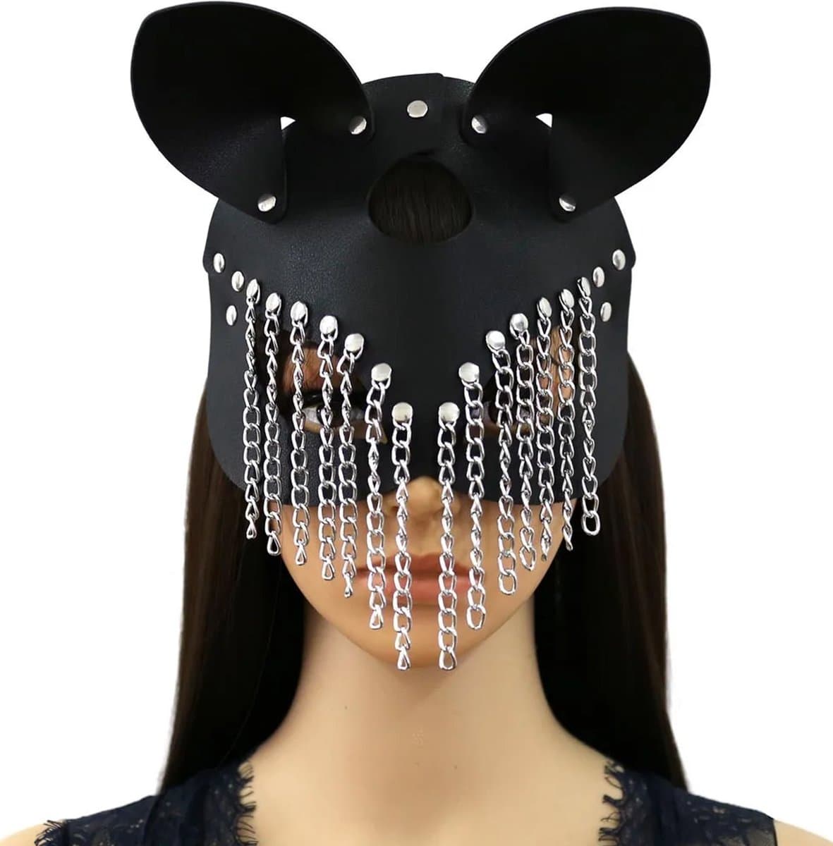 Erotische BDSM Masker Kat - Inclusief sexy kettingen - One size - Verstelbaar - PU Leder - Oogmasker - Gezicht bondage — afbeelding 1