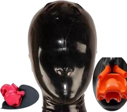 OUYLAF Latex Masker - bdsm masker - latex hood - latex masker bdsm - bdsm - latex erotiek - zwart - Dragen van beugel + neussonde - (M) — thumbnail 1