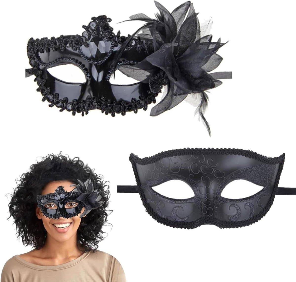 2 Pak Venetiaanse Maskers - Voor vrouwen en mannen - Halloween Carnaval Party Kostuum — afbeelding 1