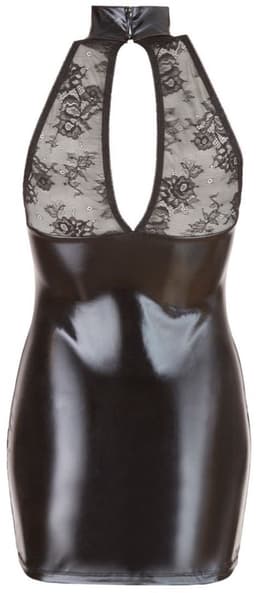 Cottelli Collection – Wetlook Mini Jurk met Kanten Bovenstuk en Knoop Hals voor een Sensuele Mix van Spanning en Comfort – Maat M – Zwart — thumbnail 2