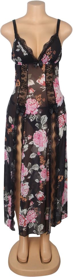 Zeloria Sexy Mesh Nachtjurk met Bloemenprint en Split – Transparante Lingerie Jurk met Kant en Slip – Verleidelijke Nightgown Dames – L — thumbnail 20