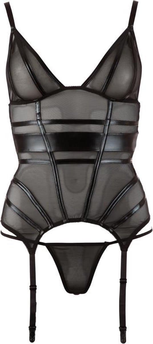 Cottelli Collection – Jarretel Jurk met Wetlook Banden en String voor Seksuele Spanning – Maat S – Zwart — afbeelding 1
