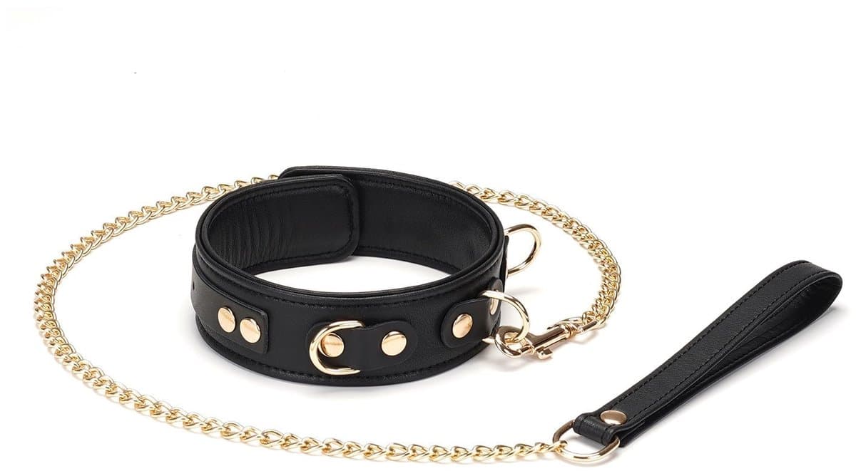 Liebe Seele - Dark Secret - Exclusieve Lederen Collar Met Leiband- Goud Metalen Hardware - Zwart/Goud — afbeelding 1