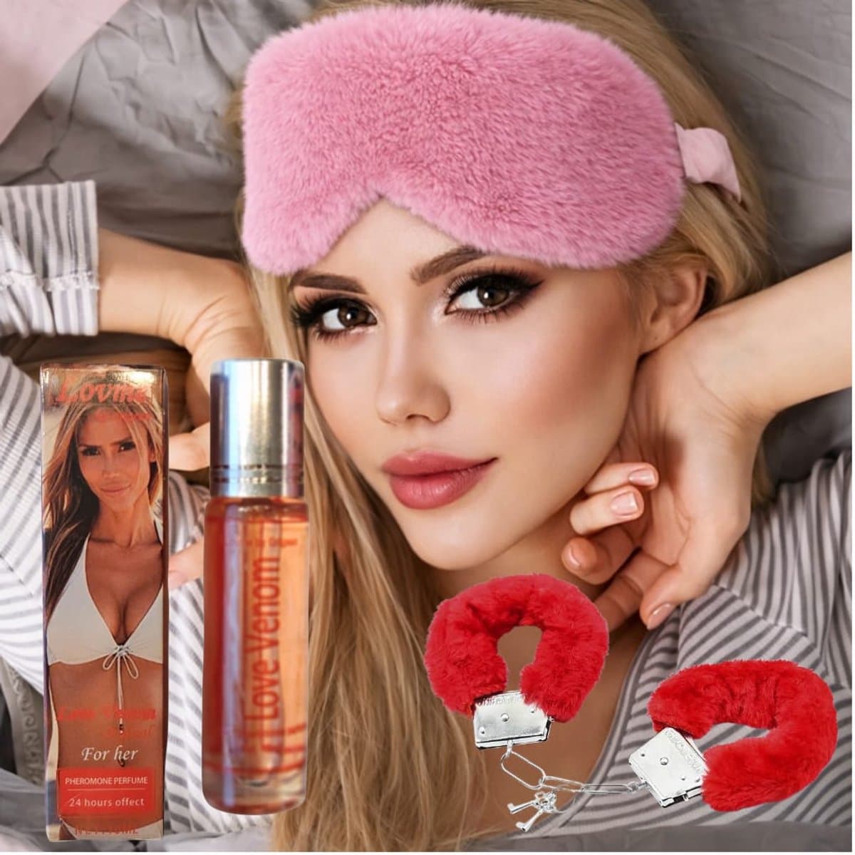 Aantrekkende Pheromone Parfum to seduce men Giftset for women - Romantische playful Gift set – Perfect Valentijn & Jubileum Cadeau | Pheromone Parfum, Fluffy Handboeien & Sleeping Oogmasker — afbeelding 1