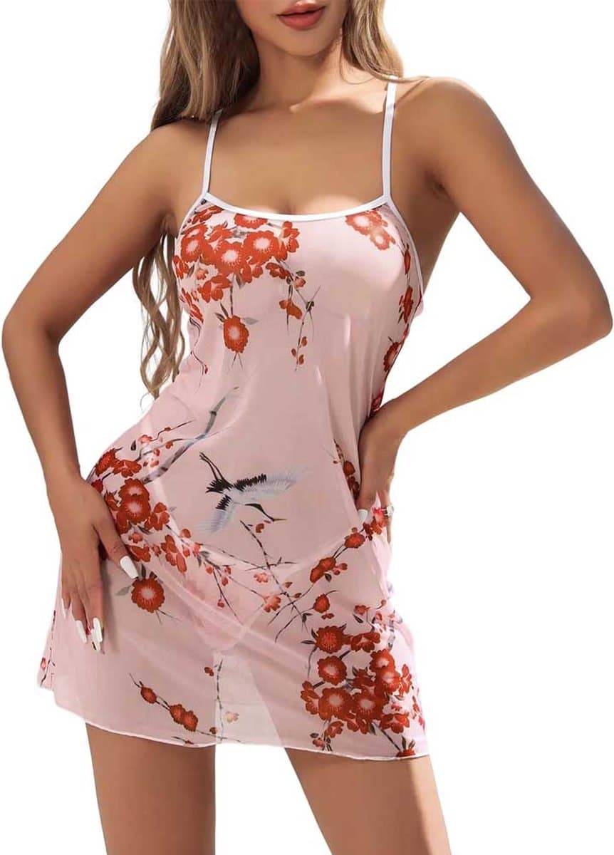 Doorschijnende Sexy Bloemen Nachtjurk - Lingerie - Pyjama- Dames - Roze — afbeelding 1