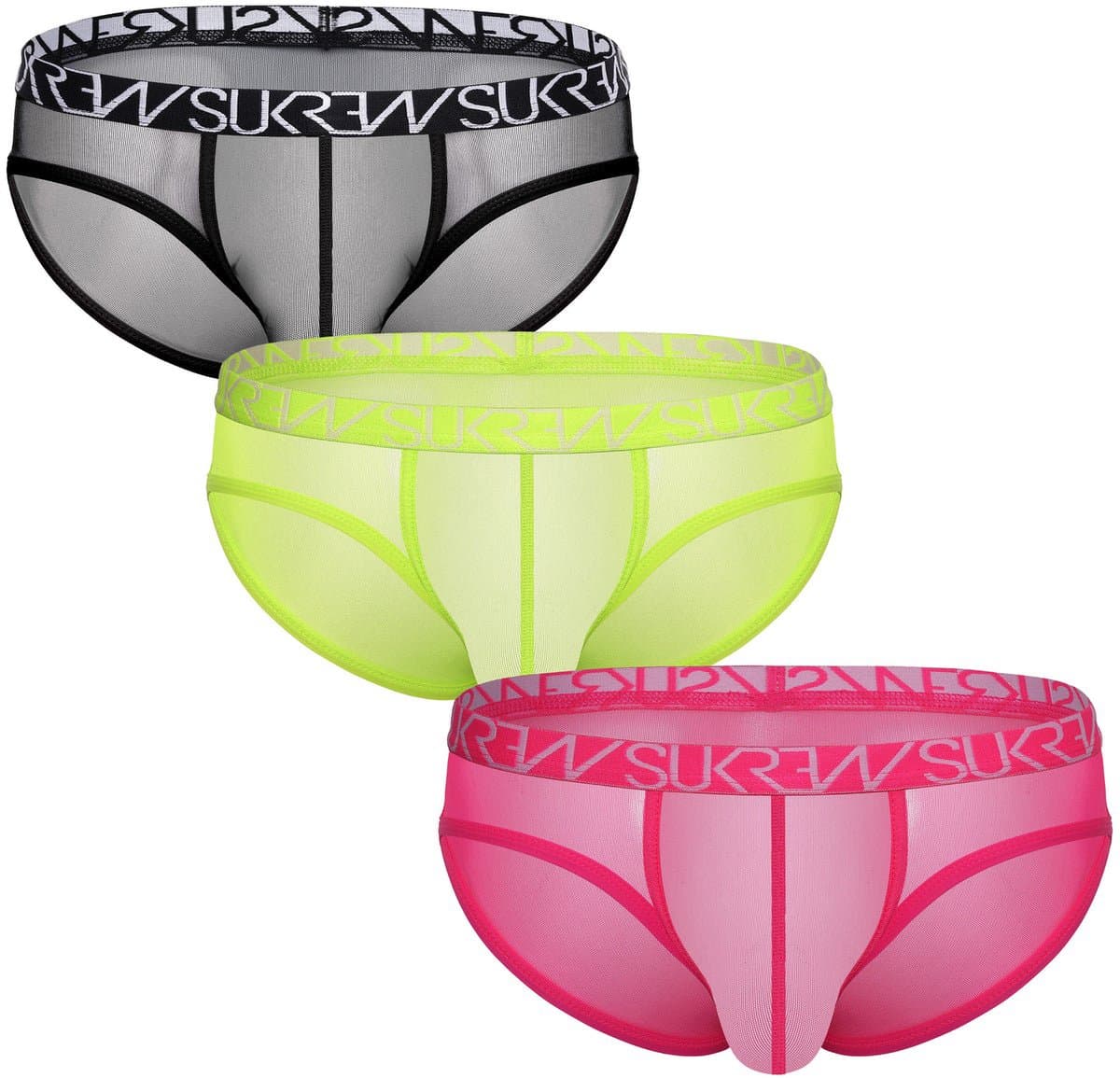 SUKREW Sheer Low-rise Brief Multipack 1x Underground Black + 1x Acid Yellow + 1x Elect Pink - MAAT L - Erotisch Heren Ondergoed - Slip voor Man - Sexy mannen Slip — afbeelding 1