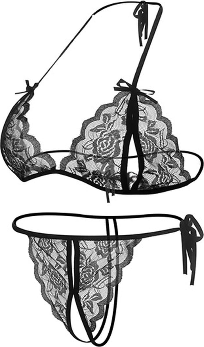 Erotische Lingerieset I Sexy Kanten Lingerie Set I Open Kruis I Top + Slip I One Size I Zwart — afbeelding 1