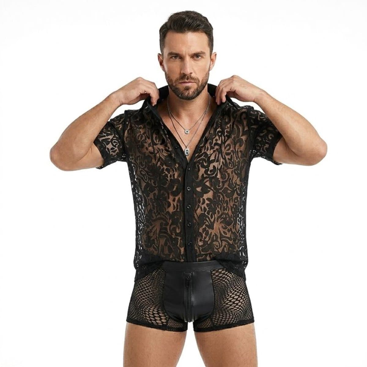 Erotische Herenblouse Zwart - Transparant Kanten Overhemd voor Heren - Sexy Clubwear voor Mannen - Maat XXL — afbeelding 1