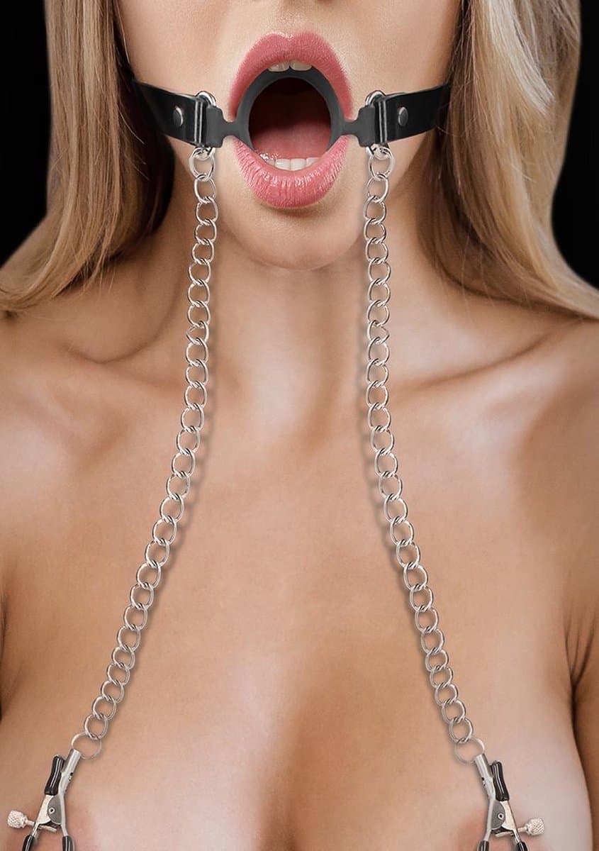 Shots Ouch! - O-Ring Gag met Tepelklemmen - Zwart — afbeelding 1