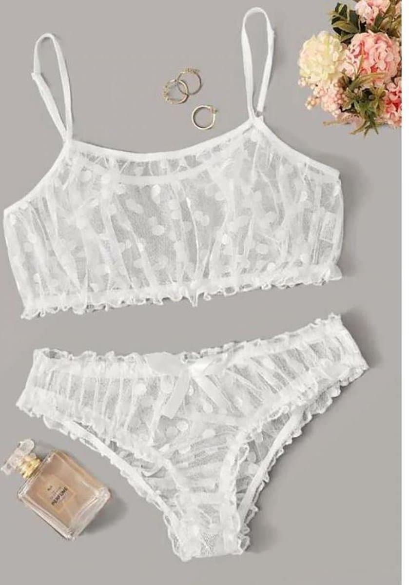 Sexy Lingerie Erotische Ondergoed Wit Polka Dot Mesh Franje Trim Lace Lingerie Set Top Kant Onzichtbare Beha Voor vrouwen — afbeelding 1